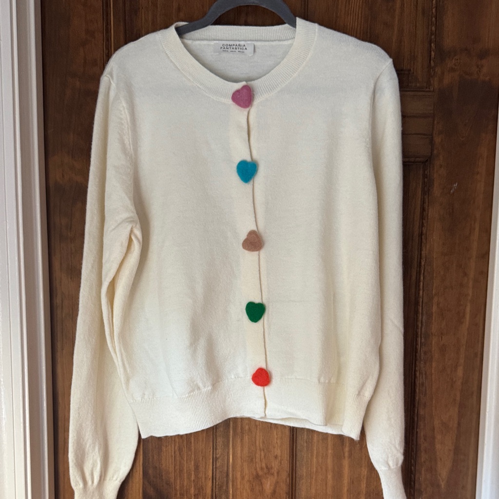Cream Heart-Button Crewneck Sweater
